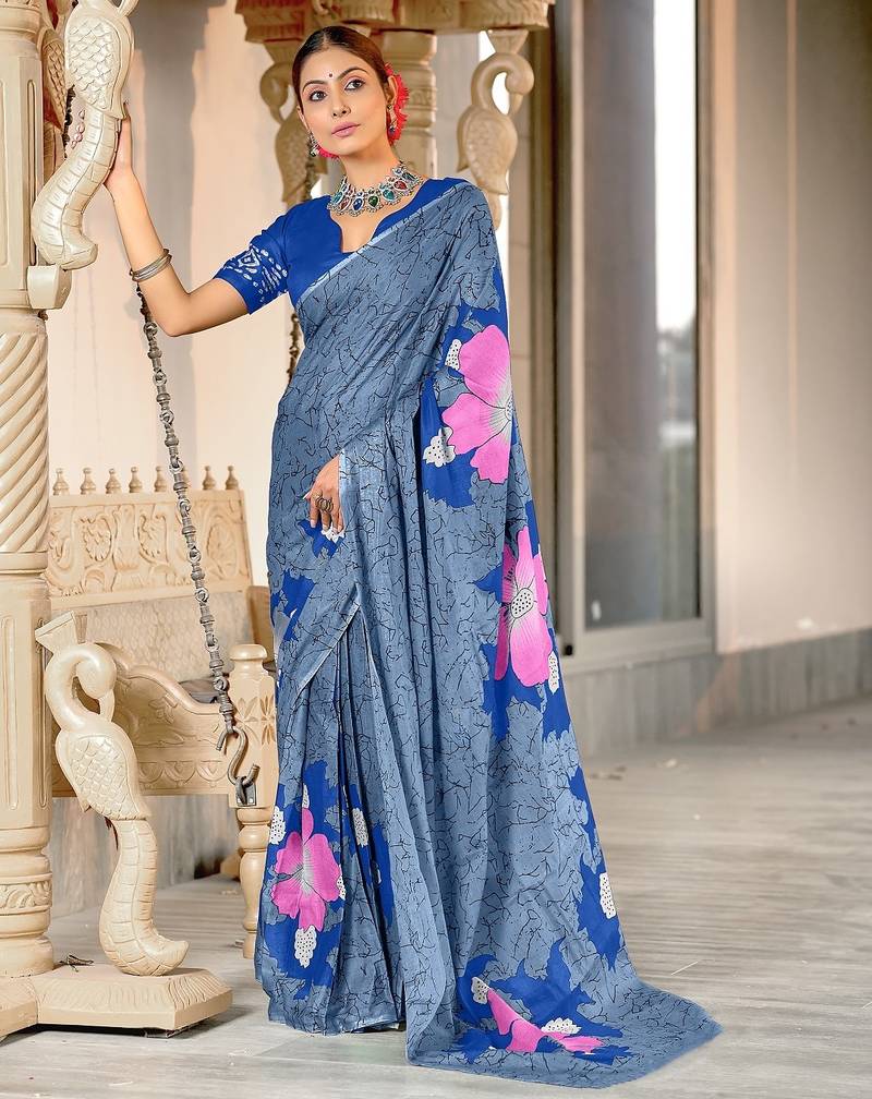 Grey floral print mulmul cotton saree with blouse.
