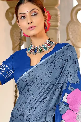 Grey floral print mulmul cotton saree with blouse.