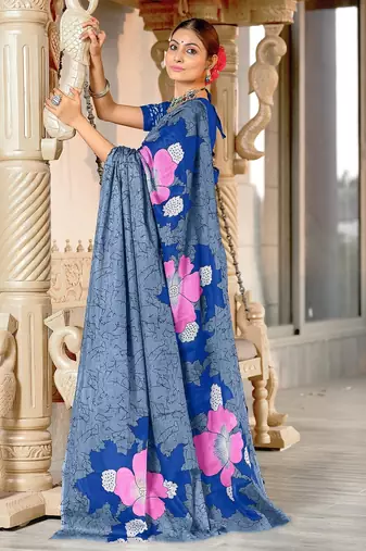 Grey floral print mulmul cotton saree with blouse.
