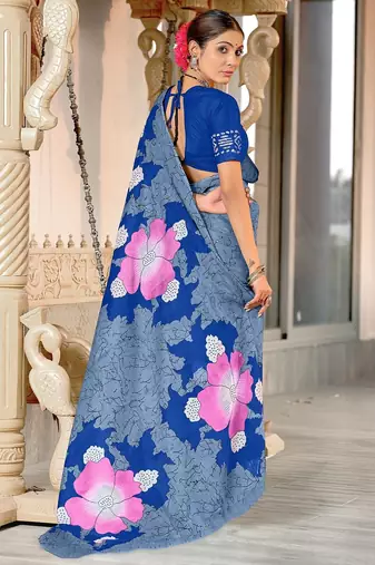 Grey floral print mulmul cotton saree with blouse.