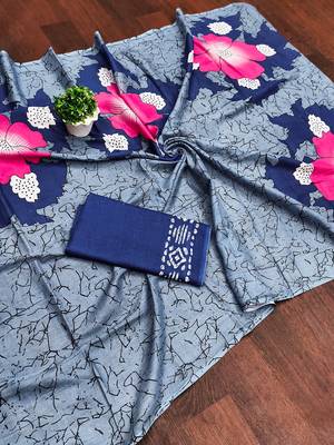 Grey floral print mulmul cotton saree with blouse. 5