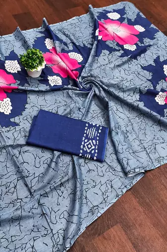 Grey floral print mulmul cotton saree with blouse.