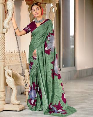 Light green floral print mulmul cotton saree with blouse. 1