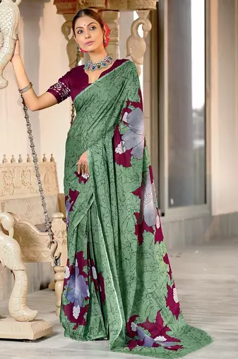 Light green floral print mulmul cotton saree with blouse.