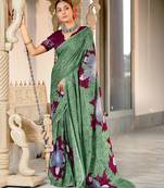 Light green floral print mulmul cotton saree with blouse.