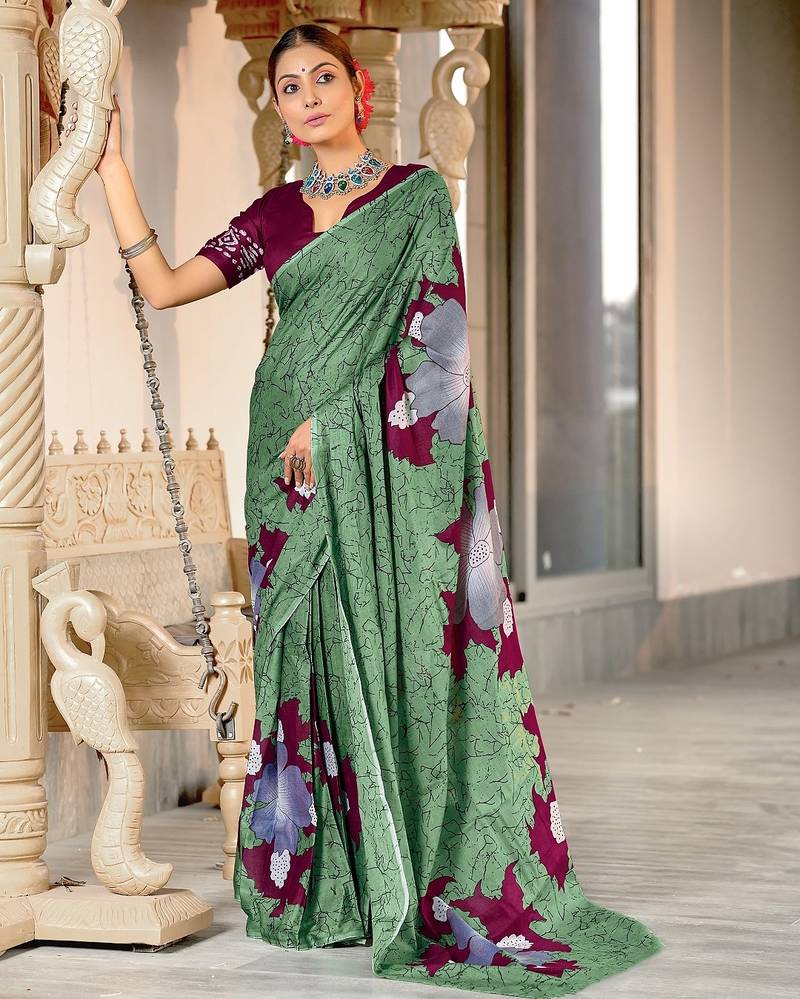 Light green floral print mulmul cotton saree with blouse.