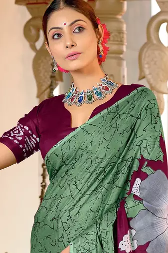 Light green floral print mulmul cotton saree with blouse.