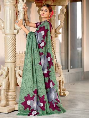 Light green floral print mulmul cotton saree with blouse. 3