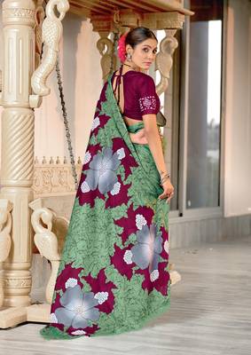 Light green floral print mulmul cotton saree with blouse. 4