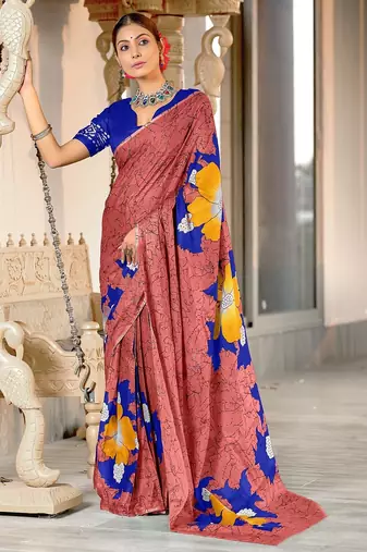 Peach floral print mulmul cotton saree with blouse.