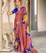 Peach floral print mulmul cotton saree with blouse.