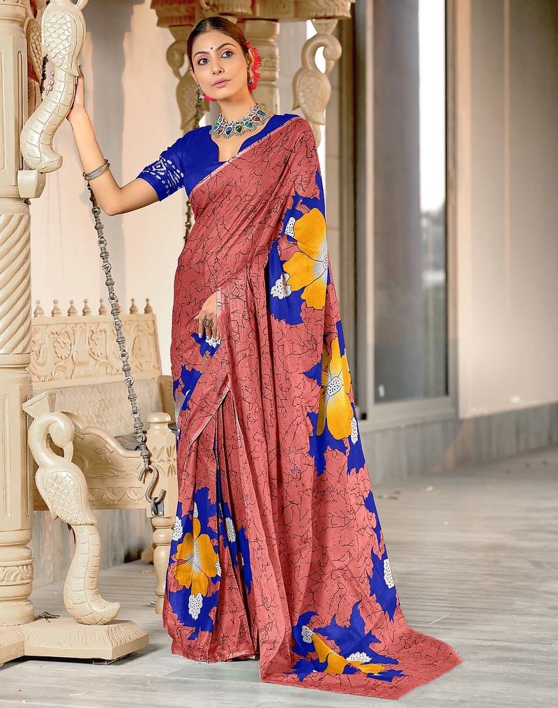Peach floral print mulmul cotton saree with blouse.