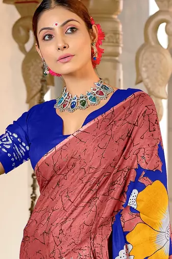 Peach floral print mulmul cotton saree with blouse.