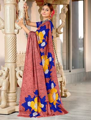 Peach floral print mulmul cotton saree with blouse. 3