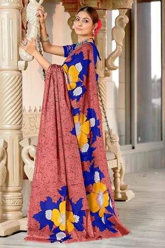 Peach floral print mulmul cotton saree with blouse.