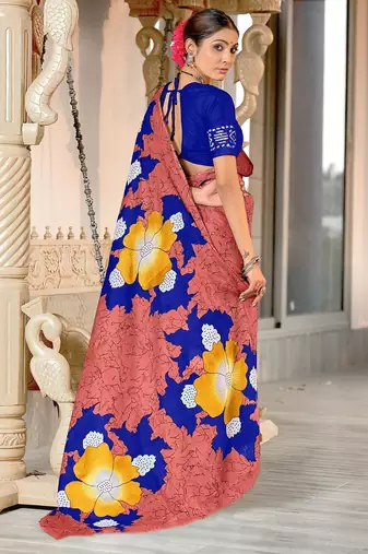 Peach floral print mulmul cotton saree with blouse.