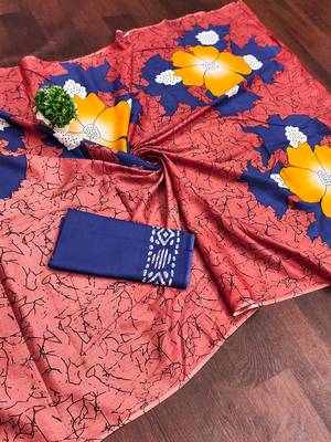 Peach floral print mulmul cotton saree with blouse. 5