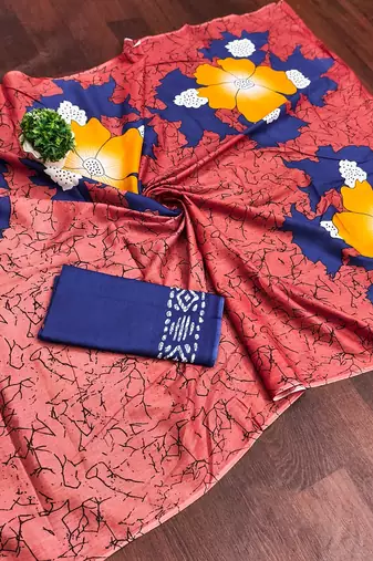 Peach floral print mulmul cotton saree with blouse.