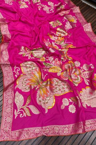 Pink Color Meenakari Big Butterfly Figure Flower Work Viscos Khaddi Sarere
