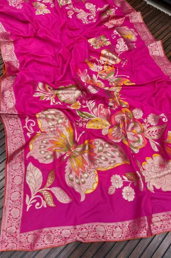 Pink Color Meenakari Big Butterfly Figure Flower Work Viscos Khaddi Sarere