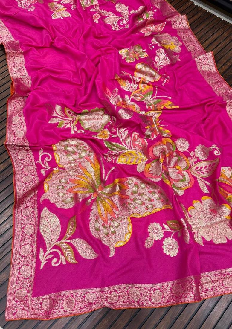 Pink Color Meenakari Big Butterfly Figure Flower Work Viscos Khaddi Sarere