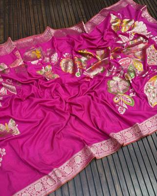 Pink Color Meenakari Big Butterfly Figure Flower Work Viscos Khaddi Sarere 2