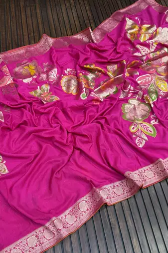 Pink Color Meenakari Big Butterfly Figure Flower Work Viscos Khaddi Sarere