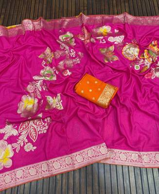 Pink Color Meenakari Big Butterfly Figure Flower Work Viscos Khaddi Sarere 3