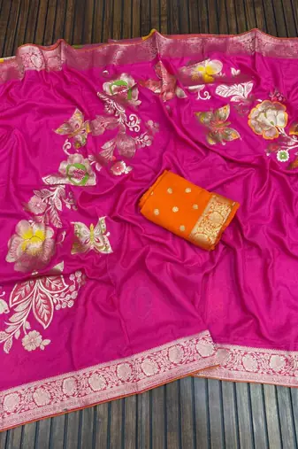 Pink Color Meenakari Big Butterfly Figure Flower Work Viscos Khaddi Sarere