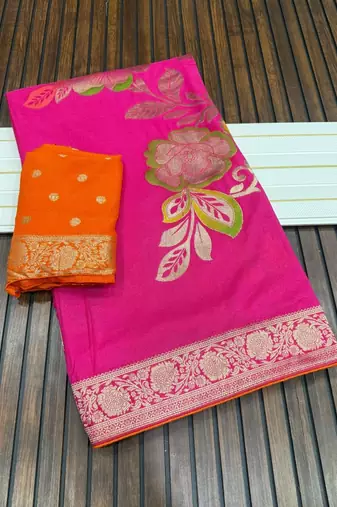 Pink Color Meenakari Big Butterfly Figure Flower Work Viscos Khaddi Sarere