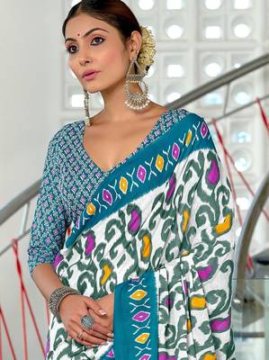 Blue ikkat print mulmul cotton saree with blouse. 2