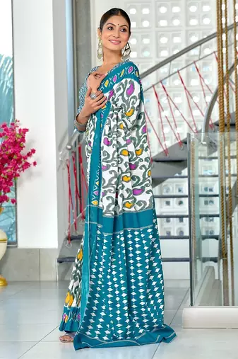 Blue ikkat print mulmul cotton saree with blouse.