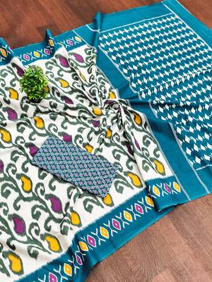 Blue ikkat print mulmul cotton saree with blouse. 5