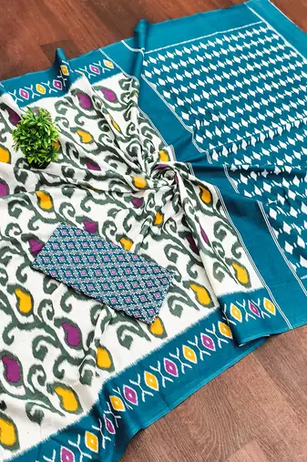 Blue ikkat print mulmul cotton saree with blouse.