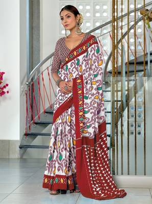 Maroon ikkat print mulmul cotton saree with blouse. 1