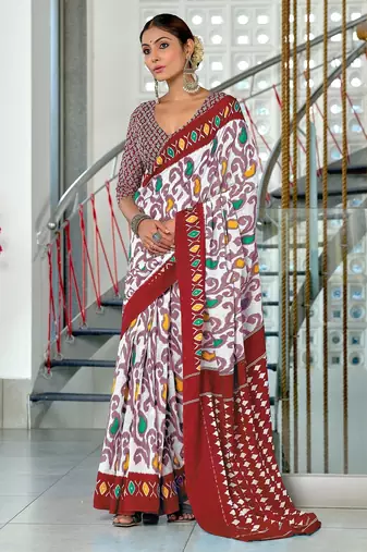 Maroon ikkat print mulmul cotton saree with blouse.