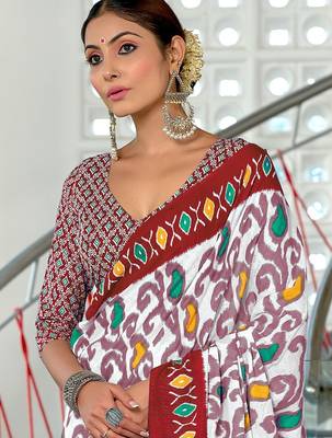 Maroon ikkat print mulmul cotton saree with blouse. 2