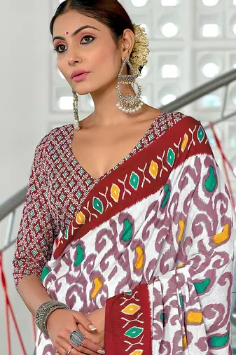 Maroon ikkat print mulmul cotton saree with blouse.