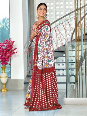 Maroon ikkat print mulmul cotton saree with blouse. 3