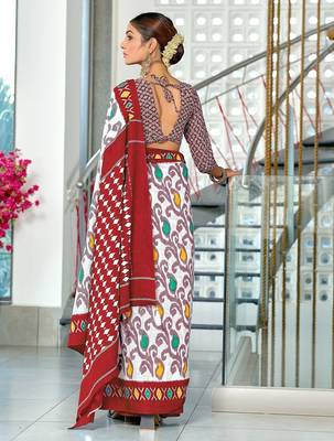Maroon ikkat print mulmul cotton saree with blouse. 4