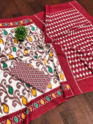 Maroon ikkat print mulmul cotton saree with blouse. 5