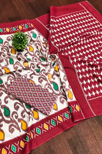 Maroon ikkat print mulmul cotton saree with blouse.