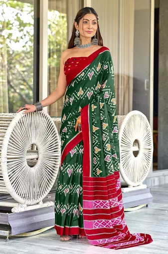Green ikkat print mulmul cotton saree with blouse.