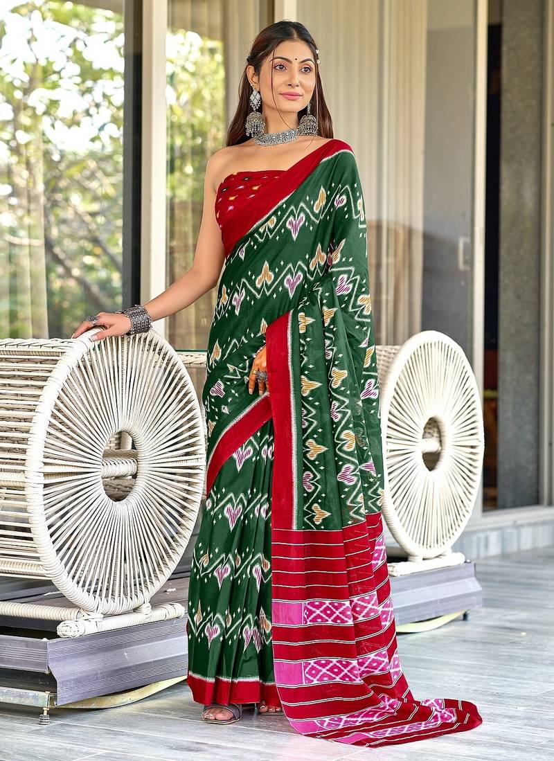 Green ikkat print mulmul cotton saree with blouse.