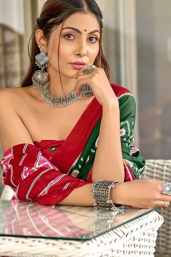Green ikkat print mulmul cotton saree with blouse.