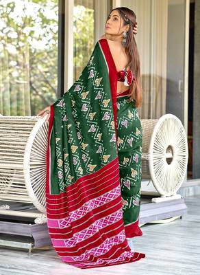 Green ikkat print mulmul cotton saree with blouse. 4