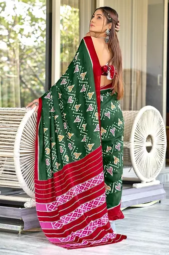 Green ikkat print mulmul cotton saree with blouse.