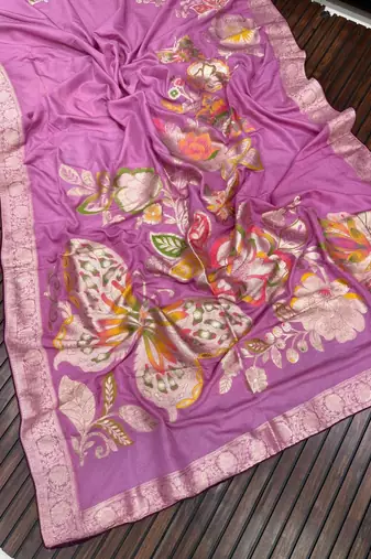 Lavender Color Meenakari Big Butterfly Figure Flower Work Viscos Khaddi Sarere