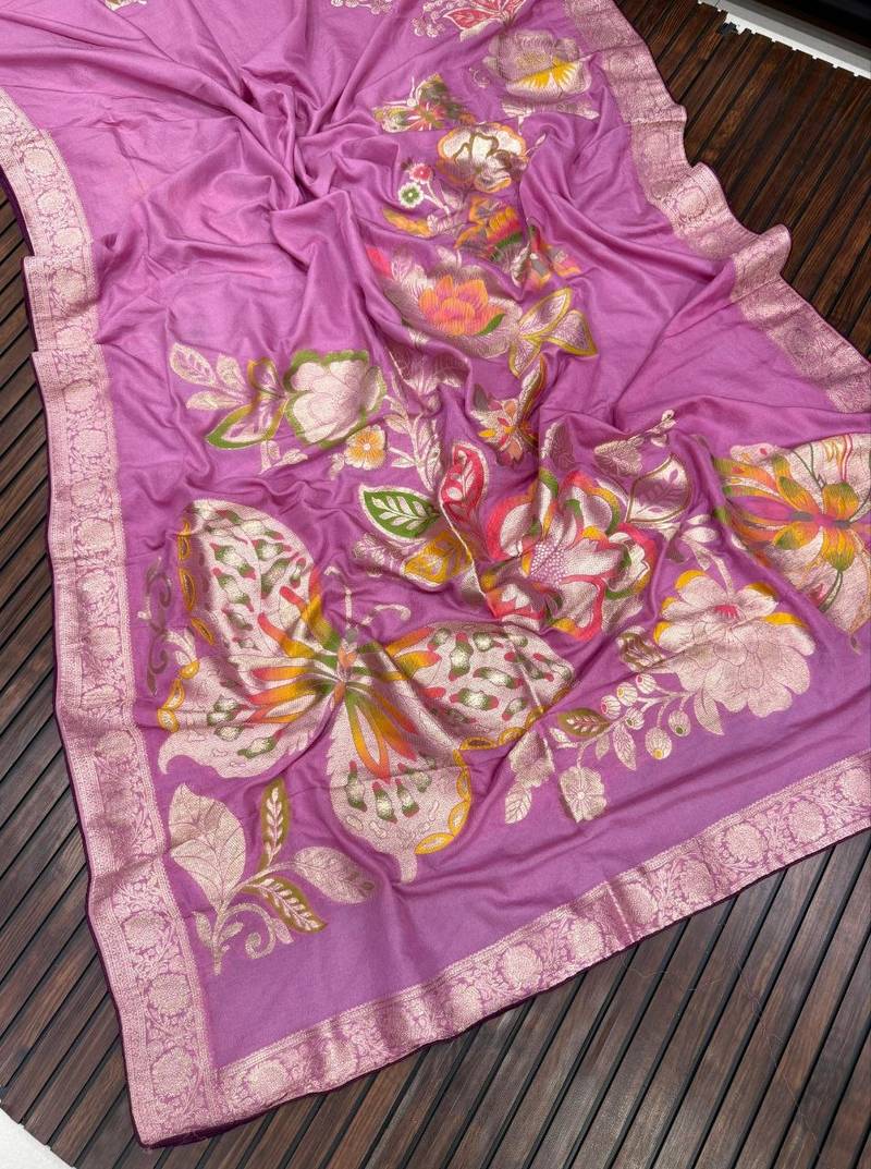 Lavender Color Meenakari Big Butterfly Figure Flower Work Viscos Khaddi Sarere