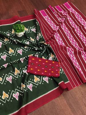 Green ikkat print mulmul cotton saree with blouse. 5